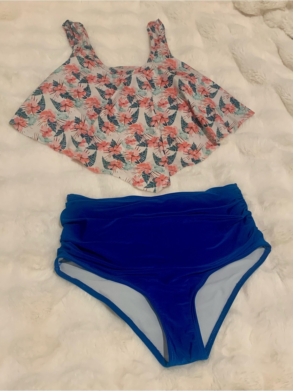 Floral Ruffled Crop Tank Swim Top & Royal Blue High Waist Bikini Bottoms